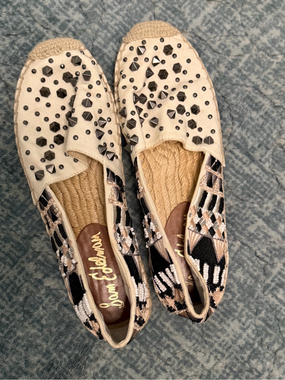 Sam Edelman Ivory & Black Studded Beaded Espadrilles